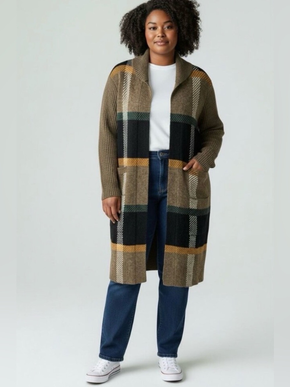 🤎 Joseph A. Woman Chocolate Plaid Long Open Front Cardigan 2X NWT